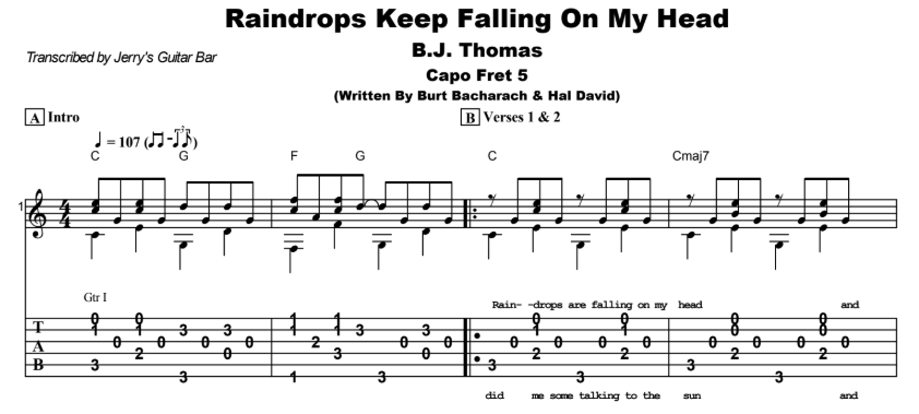 B.J. Thomas - Raindrops Keep Falling On My Head Guitar Lesson - Jerry's ...
