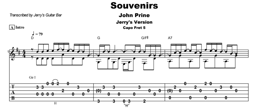 John Prine - Souvenirs Guitar Lesson Tab - Jerrys Version- Preview