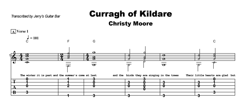Christy Moore - Curragh of Kildare Guitar Lesson Tab Preview