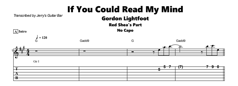 Gordon Lightfoot - If You Could Read My Mind Guitar Lesson - Red Shea's Part Tab Preview Gordon Lightfoot - If You Could Read My Mind Guitar Lesson - Red Shea's Part Tab Preview